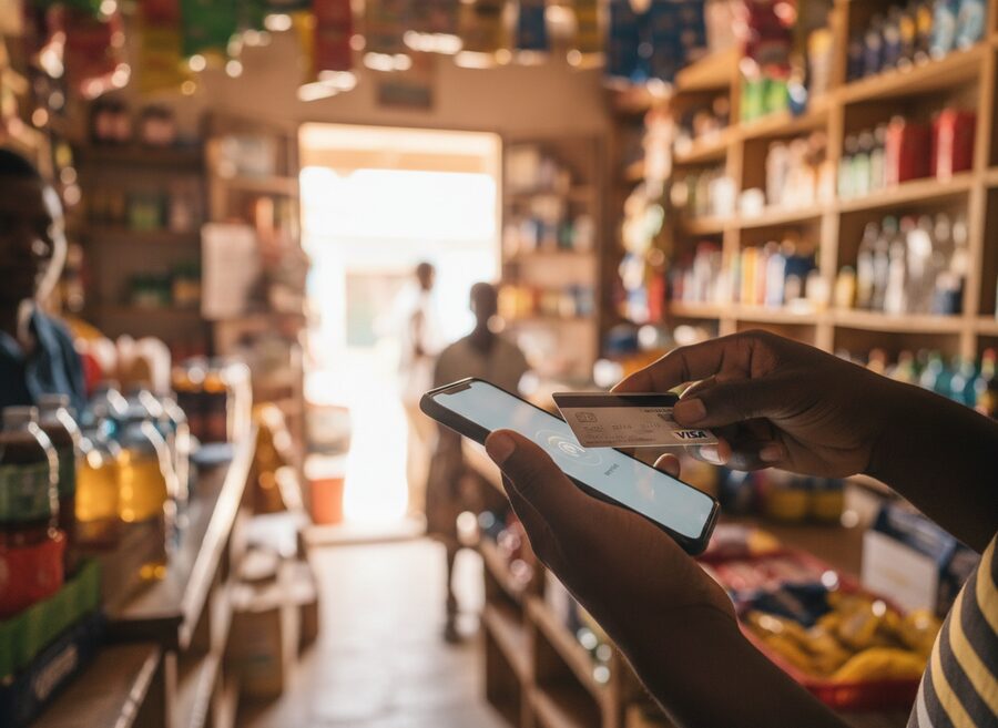 A customer taps a Visa card directly onto the merchant's NFC phone