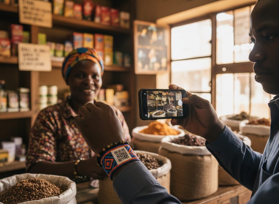 A customer scans the QR code printed on the merchant's wristband