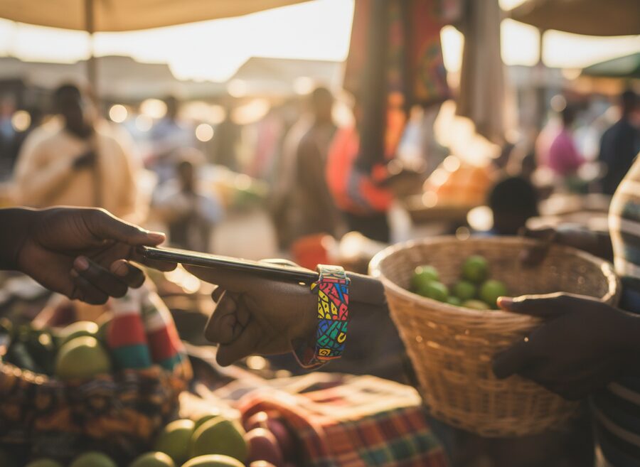 A customer taps their NFC phone on the merchant's wristband in a Zimbabwean market